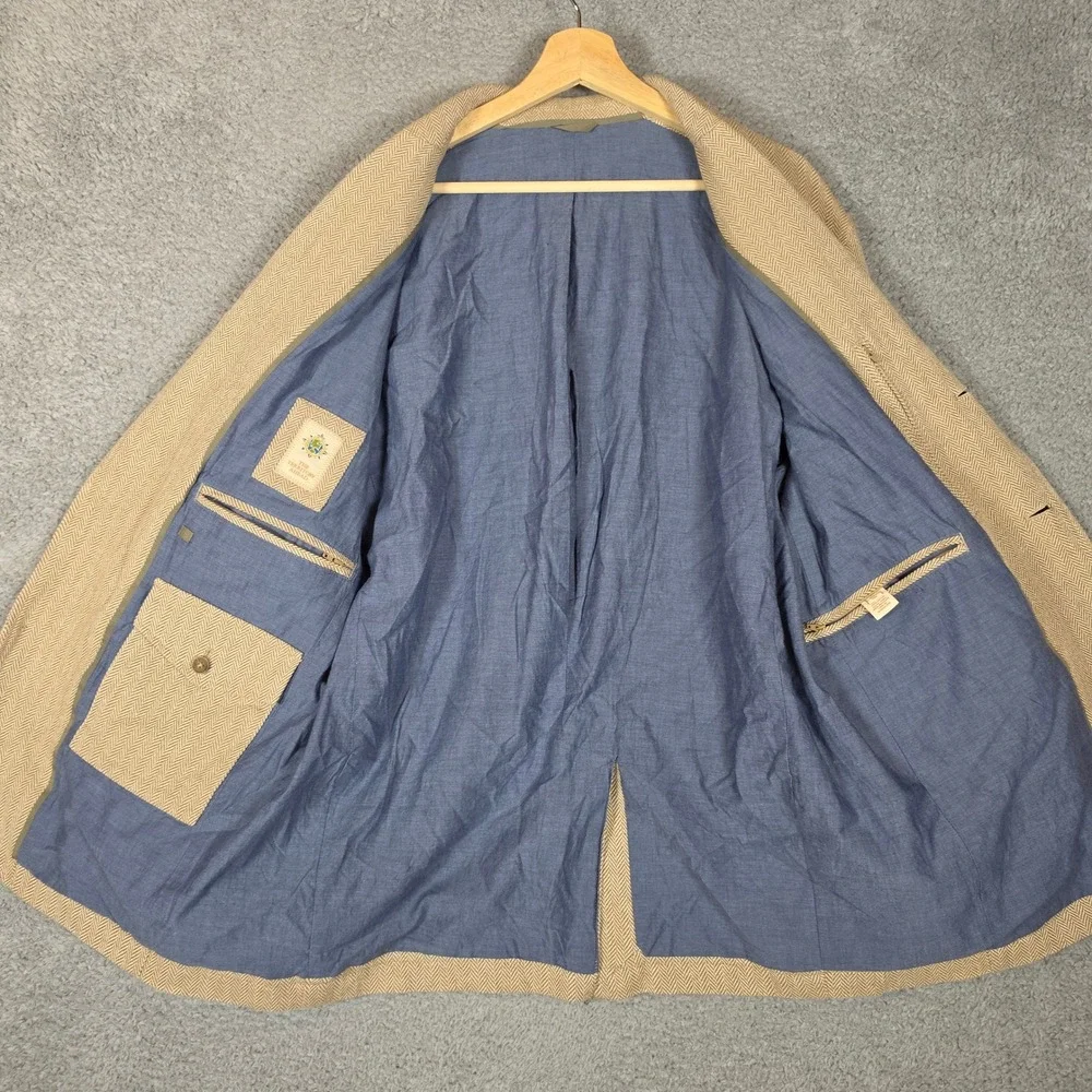 The Territory Ahead Blazer Mens 44 Tan Excellent Linen Blend Herringbone Patches